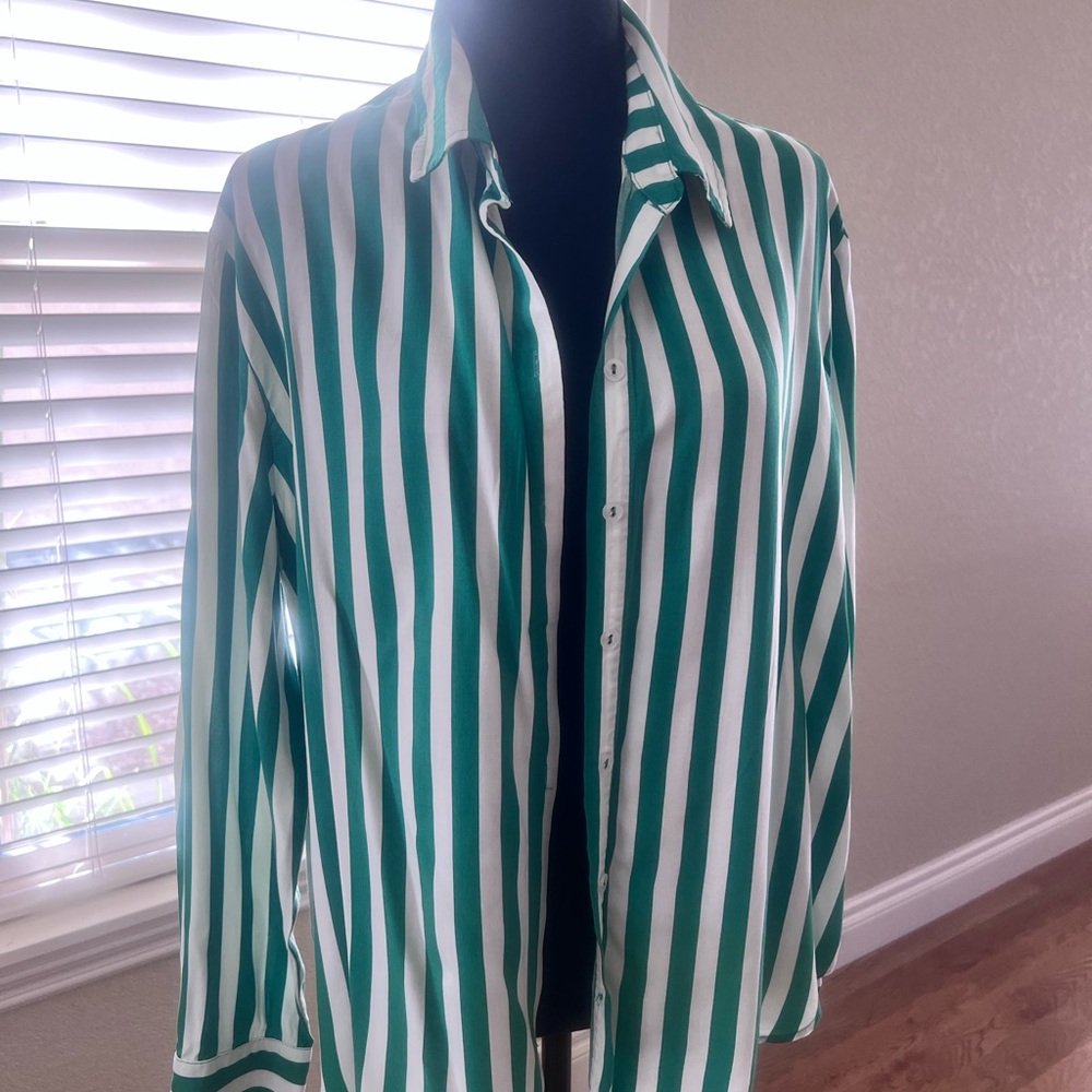 Green and White Striped Women's Shirt